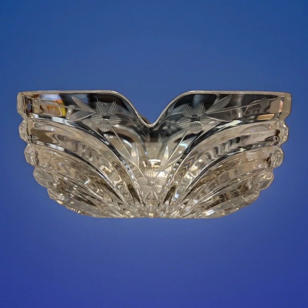 Vtg 24% Lead Crystal hand Cut Square Serving Bowl Polish Crystal Floral Etching